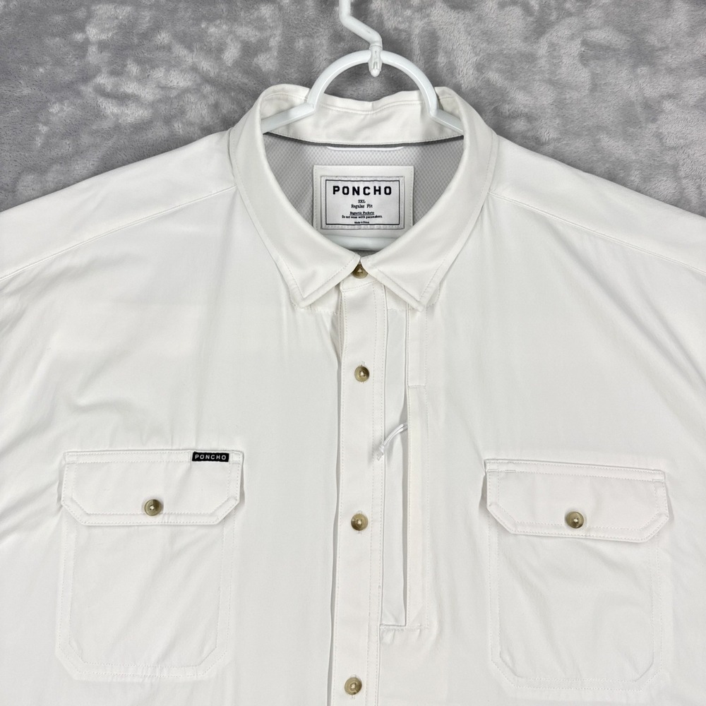PONCHO Regular Fit Button Up Shirt Men 3XL White Magnetic Pockets Vented Fishing